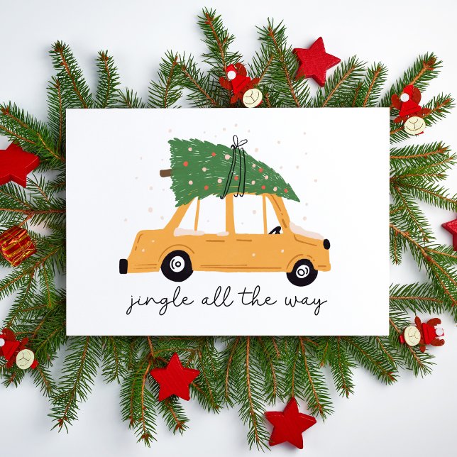 Jingle hela vägen Cute Folke Blank Jul Kort (Jingle all the Way Car and Christmas Tree Holiday Card Blank Illustrated Non Photo Card for Work)