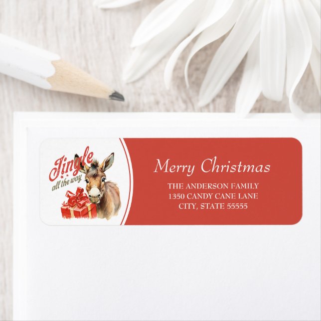 Jingle hela vägen Rustic-julfesten Donkey Returadress Etikett (Insitu)