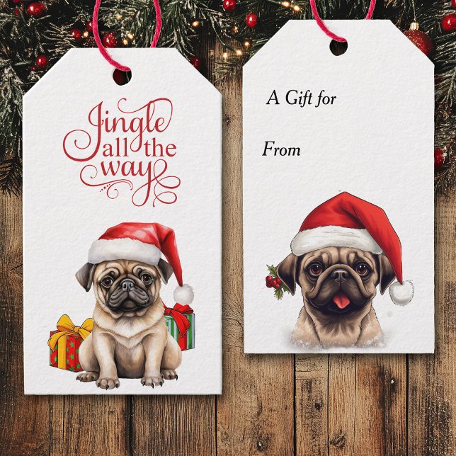Jingle hela Way Santa Hat Pug-Hund Presentetikett (Skapare uppladdad)