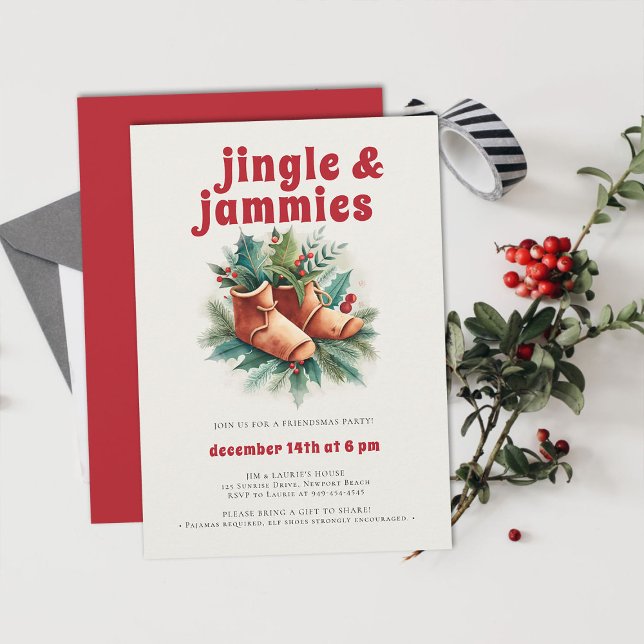 Jingle Jammies PJ Elf Friendsmas jul Party Inbjudningar (friendsmas christmas party invitation funny jingle jammies pj slumber sleepover elf slippers )