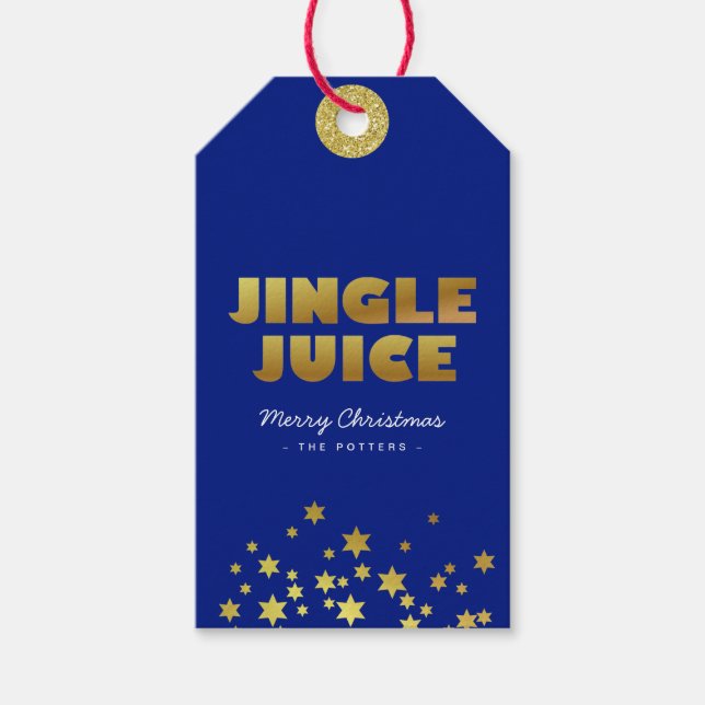 Jingle Juice | Roligt Julblått och Guld Presentetikett (Framsidan)