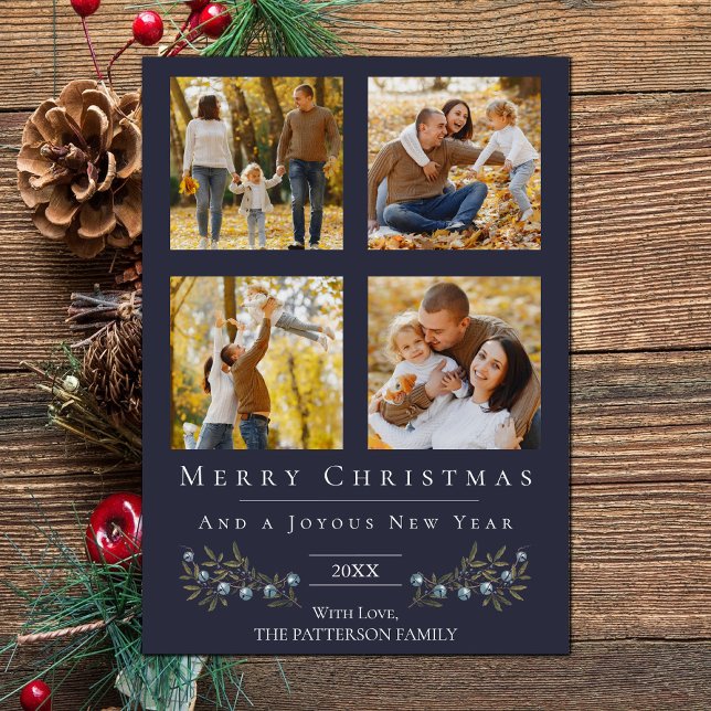 Jingle Klockor Photo Collage jul | Blå Julkort (Blue Jingle Bells Four Photo Christmas Holiday Card)