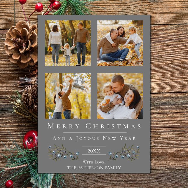 Jingle Klockor Photo Collage jul | Grått Julkort (Gray Jingle Bells Four Photo Christmas Holiday Card)