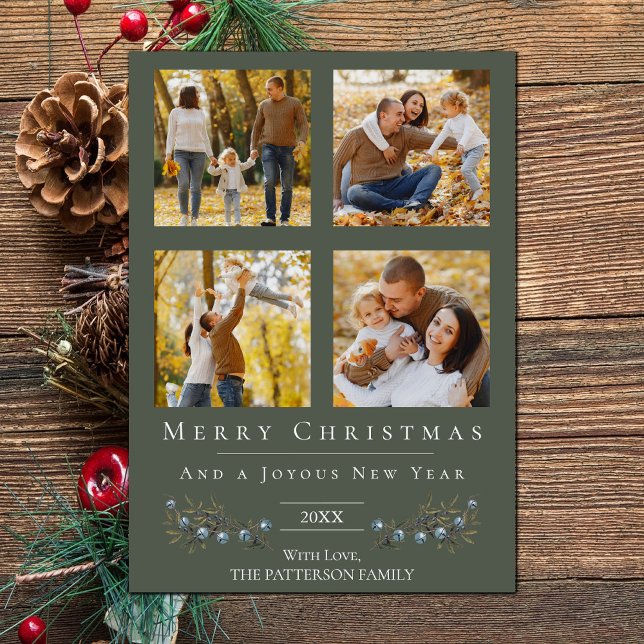 Jingle Klockor Photo Collage jul | Grönt Julkort (Green Jingle Bells Four Photo Christmas Holiday Card)
