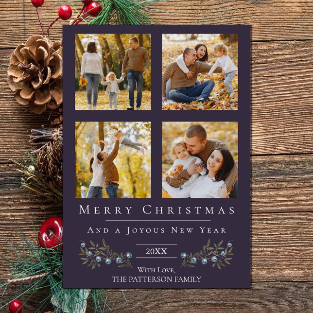 Jingle Klockor Photo Collage jul | Lila Julkort (Purple Jingle Bells Four Photo Christmas Holiday Card)