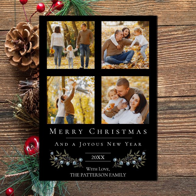 Jingle Klockor Photo Collage jul | Svart Julkort (Black Jingle Bells Four Photo Christmas Holiday Card)