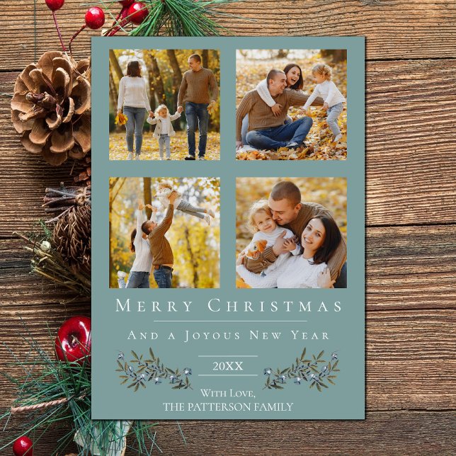 Jingle Klockor Photo Collage jul | Teal Julkort (Teal Jingle Bells Four Photo Christmas Holiday Card)