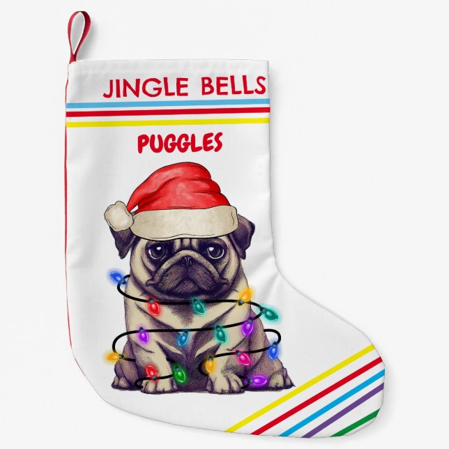 JINGLE KLOCKOR PUG-julklapp med namn. Liten Julstrumpa (Framsidan)