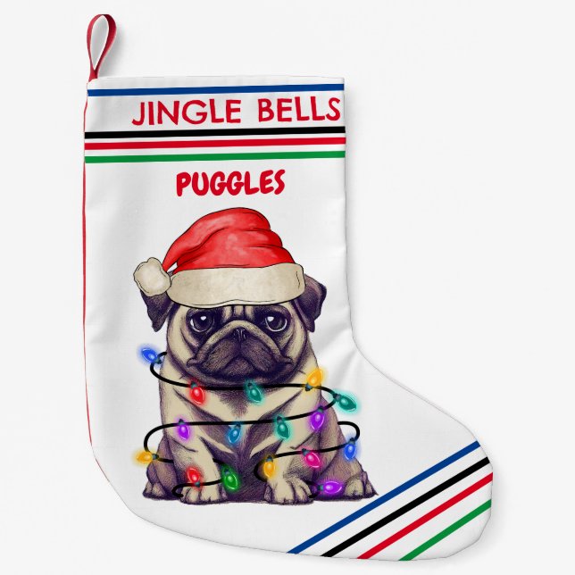 JINGLE KLOCKOR PUG-julklapp med namn. Liten Julstrumpa (Framsidan)