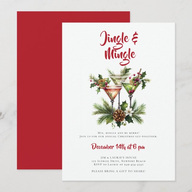 Jingle Mingle Cocktails Martini jul Party Inbjudningar (Fram/baksida)