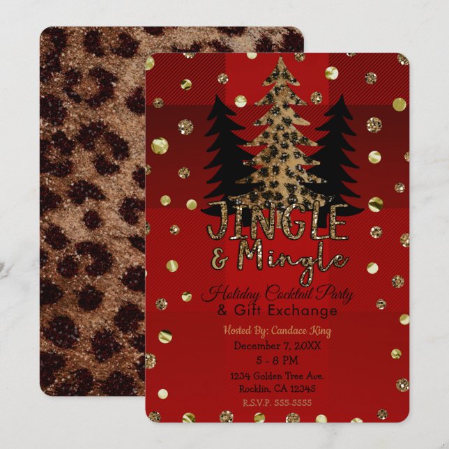 Jingle & Mingle Guld Glam Leopard Julfest Inbjudningar (Fram/baksida)