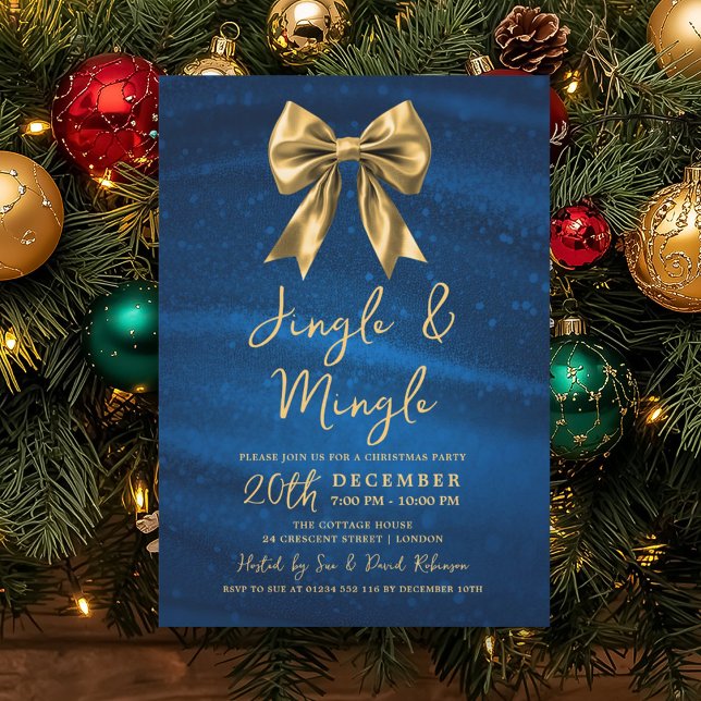 Jingle Mingle jul guld bow silver blå Inbjudningar (Jingle Mingle Christmas Gold Bow Silver Blue Invitation)