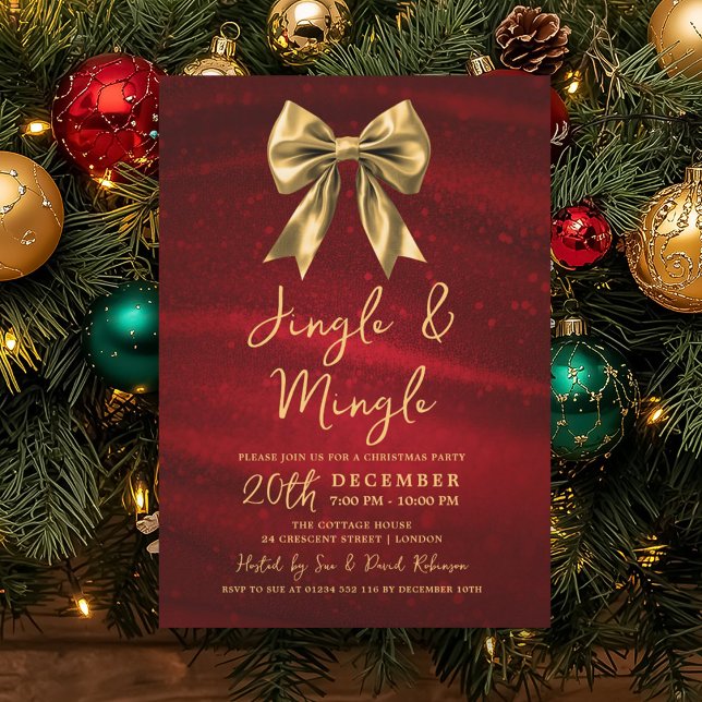 Jingle Mingle Julfest Gold Båge Silver Röd Inbjudningar (Jingle Mingle Christmas Party Gold Bow Silver Red Invitation)