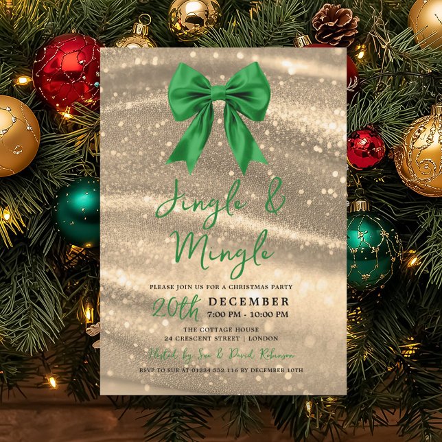 Jingle & Mingle Julfest Gold Glitter Grön Slinga  Inbjudningar (Jingle & Mingle Xmas Party Gold Sparkle Green Bow Invitation)