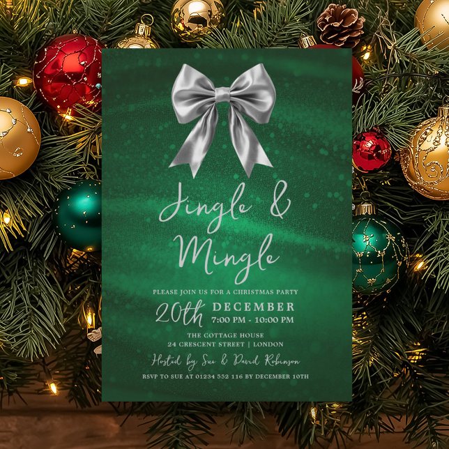 Jingle Mingle Julfest Silver Bow Grön  Inbjudningar (Jingle Mingle Christmas Party Silver Bow Green Invitation)