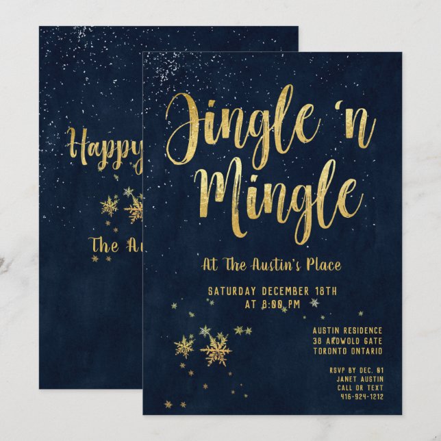 Jingle Mingle Navy Guld Calligraphy Julfest Inbjudningar (Fram/baksida)