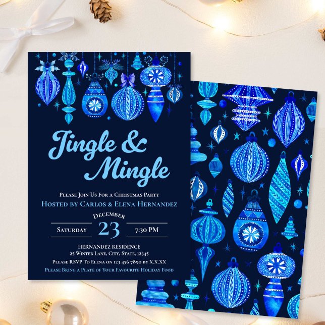 Jingle & Mingle Navy Jul Baubles Watercolor Inbjudningar (Jingle & Mingle Navy Christmas Baubles Watercolor Invitation)