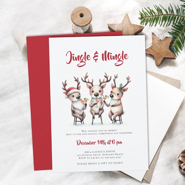 Jingle Mingle Renskinkocktail Julfest Inbjudningar (jingle mingle christmas party invitation reindeer cocktails mixer annual family holiday funny cute)