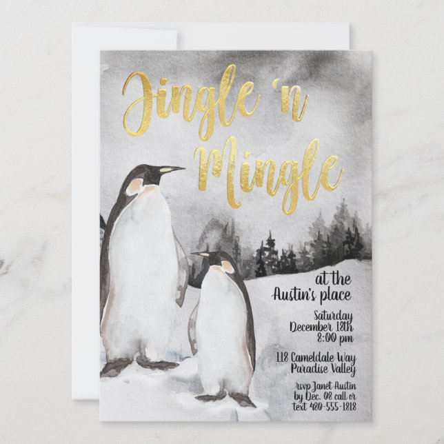 Jingle & Mingle Watercolor Penguins Party Inbjudan (Framsida)