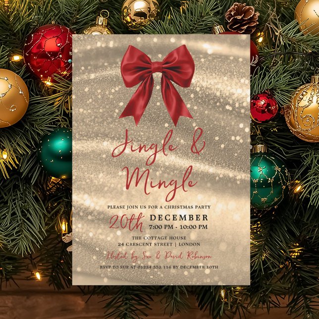 Jingle & Mingle Xmas Party Gold Sparkle Red Bow  Inbjudningar (Jingle & Mingle Xmas Party Gold Sparkle Red Bow Invitation)