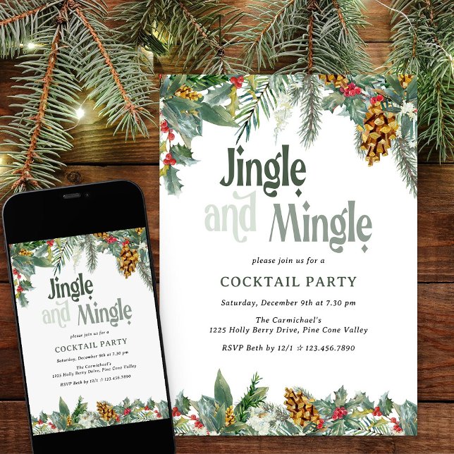 Jingle och Mingle Holly Gräs jul Cocktail Inbjudningar (Jinghle & Mingle christmas cocktail party invitation with holly and pine cones)