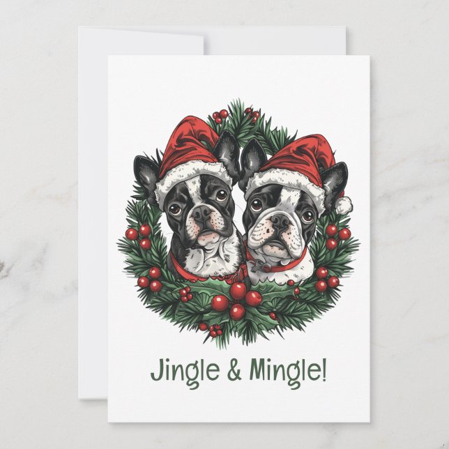 Jingle och Mingle jul Boston Terrier Hundar Inbjudningar (Framsida)