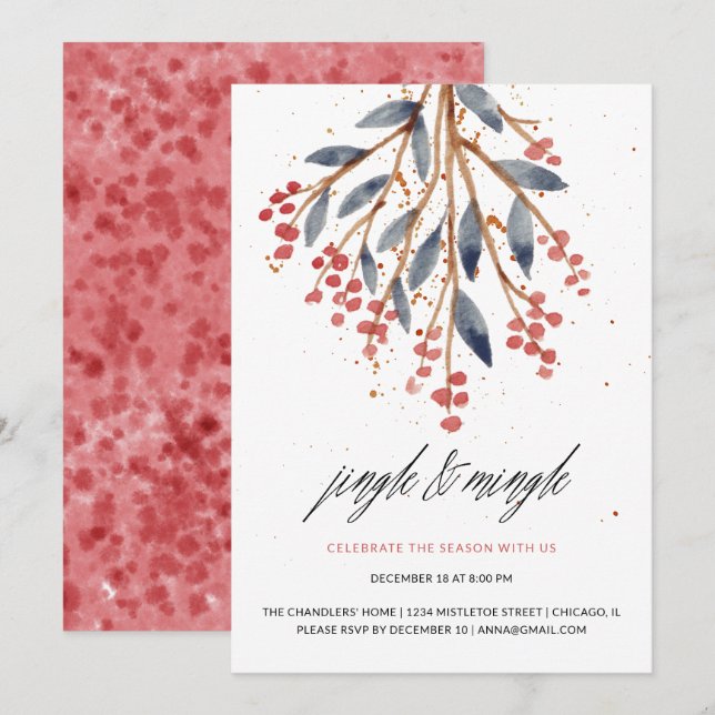 Jingle och Mingle jul Grey och Red Berry Inbjudningar (Fram/baksida)