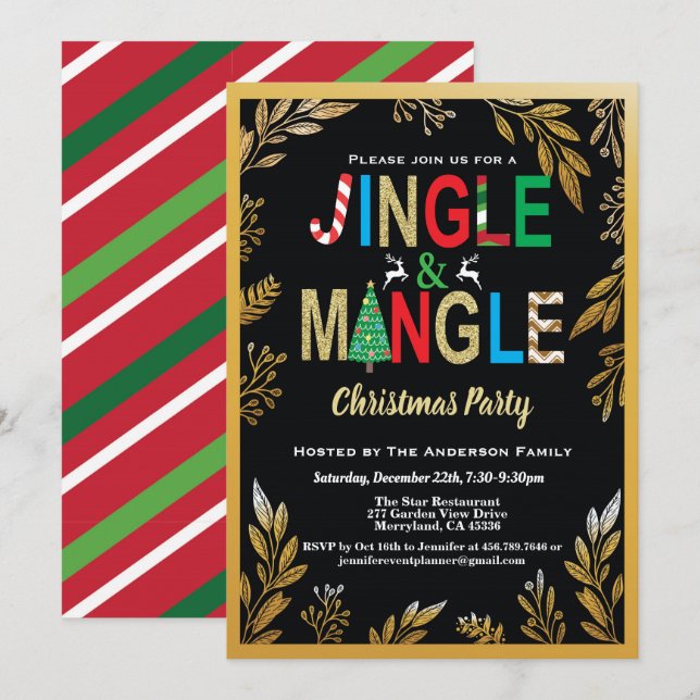 Jingle och Mingle jul, svart Party och guld Inbjudningar (Fram/baksida)