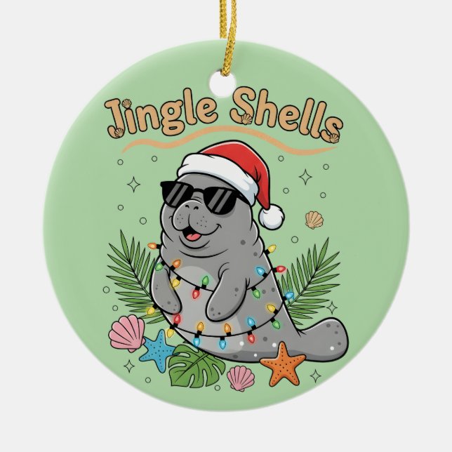 Jingle Shells Tropical Santa Manatee Christmas Julgransprydnad Keramik (Framsidan)