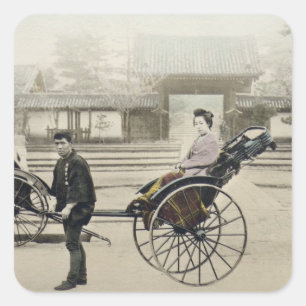 "Jinrikisha" framme av ett tempel, c.1880 (räcka Fyrkantigt Klistermärke