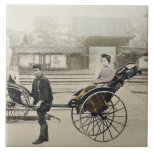 "Jinrikisha" framme av ett tempel, c.1880 (räcka Kakelplatta