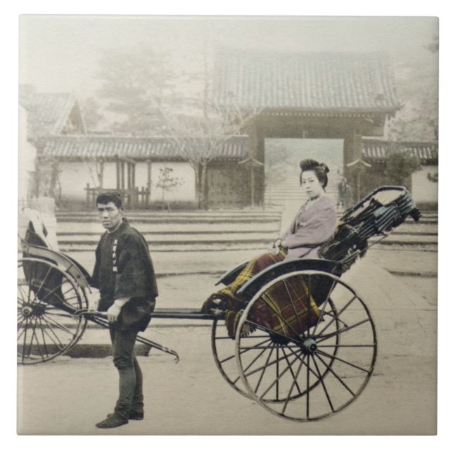 "Jinrikisha" framme av ett tempel, c.1880 (räcka Kakelplatta (Framsidan)
