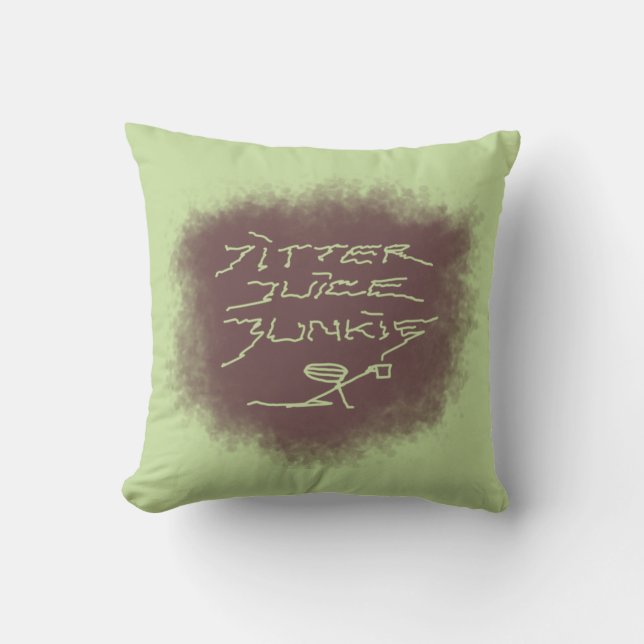 Jitter Juice Junkie - kaffekonst på grönt. Kudde (Framsida)