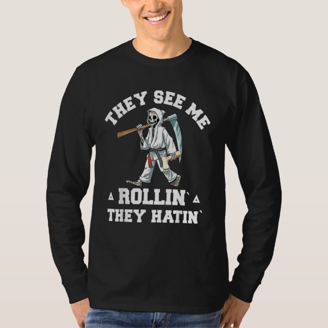 Jiu Jitsu Rollin   BJJ Grappling Grim Reaper T Shirt (Framsida)