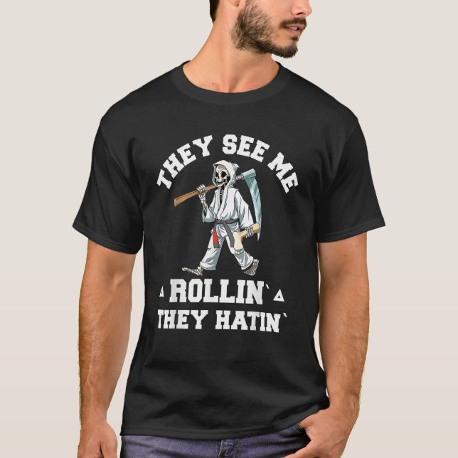Jiu Jitsu Rollin   BJJ Grappling Grim Reaper T Shirt (Framsida)
