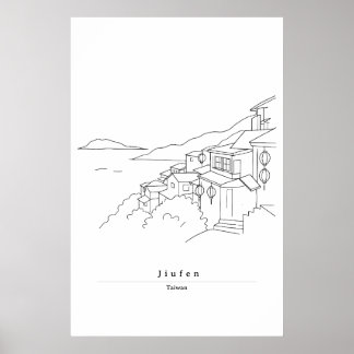 Jiufen Taiwan minimalistisk linjekonst resor Poster
