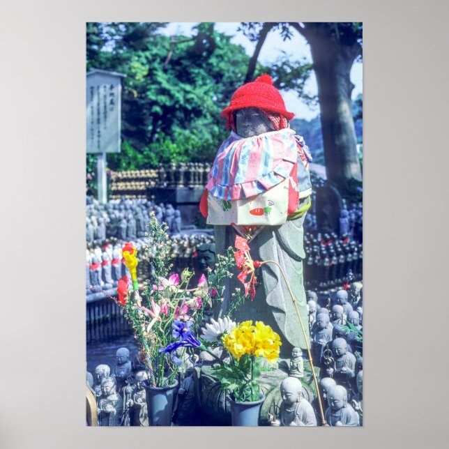 Jizo munk staty med hatt och hatt poster (Framsidan)