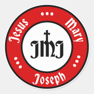 JMJ: Jesus, Mary, Joseph Logotyp (röd) Runt Klistermärke