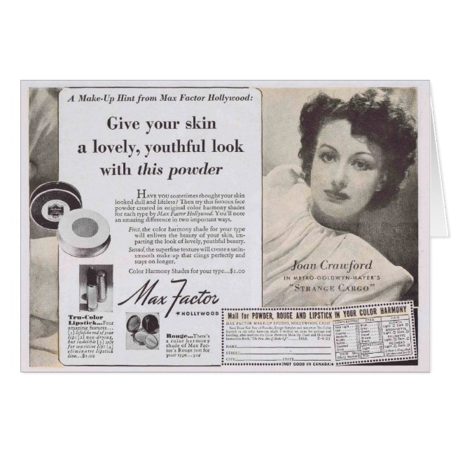 Joan Crawford Ansikte Powder Ad Hälsningskort (Framsidan Horizontal)