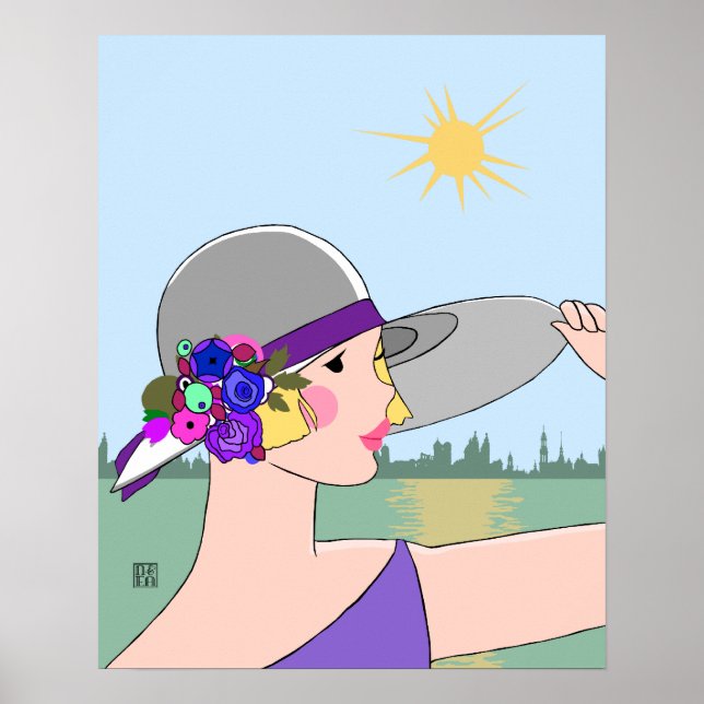 Joanne - Art Deco Porträtt i Lila & Blue Poster (Framsidan)