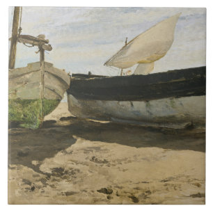 Joaquin Sorolla - Fiskebåtar på stranden Kakelplatta