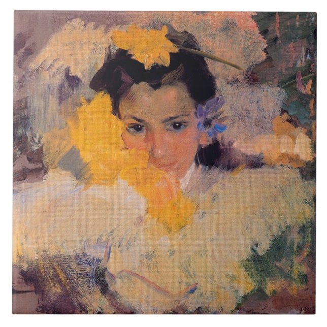 Joaquin Sorolla - Girl with Flowers Kakelplatta (Framsidan)