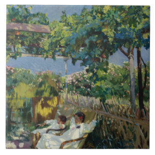 Joaquin Sorolla - Siesta i Garden Kakelplatta