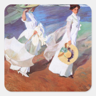 Joaquin Sorolla Women Walking Beach Fyrkantigt Klistermärke