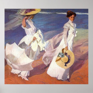 Joaquín Sorolla y Bastida går på stranden Poster