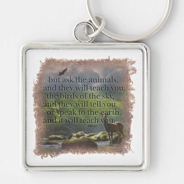 JOB 12:7 - Keychain Fyrkantig Silverfärgad Nyckelring (Framsidan)