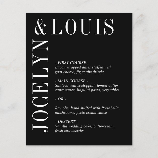 Jocelyn Black Modern Bröllop Menu Flygblad (Framsidan)