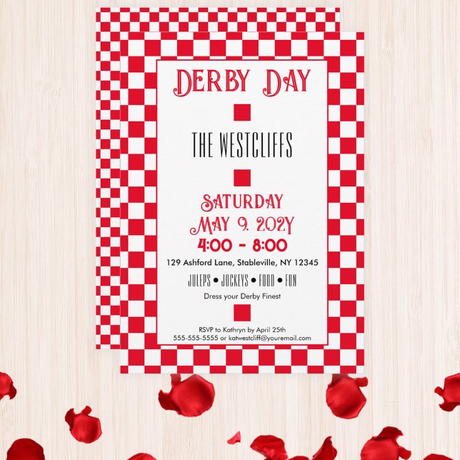 Jockey Silk Rutbräda Röd och Vit Derby Inbjudningar (Red and White Checkerboard Jockey Silks Derby Horse Racing Party Invitation)