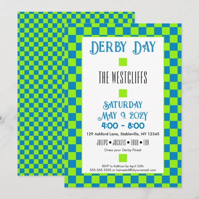 Jockey Silke Blocks Grönt och Blue Derby Inbjudningar (Fram/baksida)