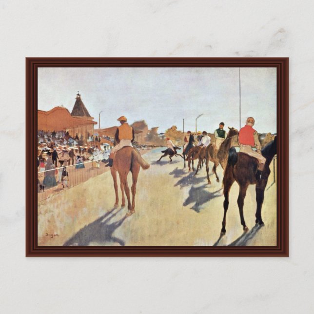 Jockeys framför farsstationen vid Edgar Degas Vykort (Framsida)